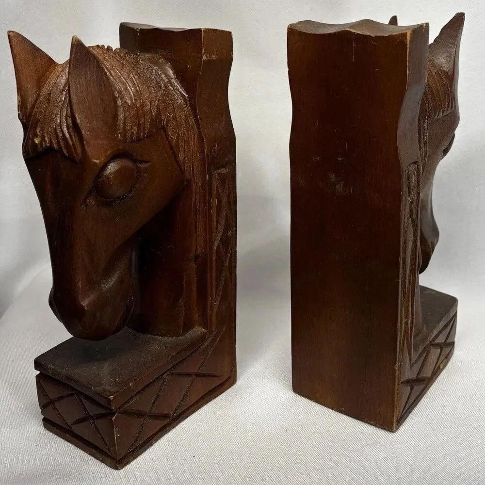 Vintage 1970 Made in Philipines  Wood Brown Carved Horse Head Bookends Book Ends